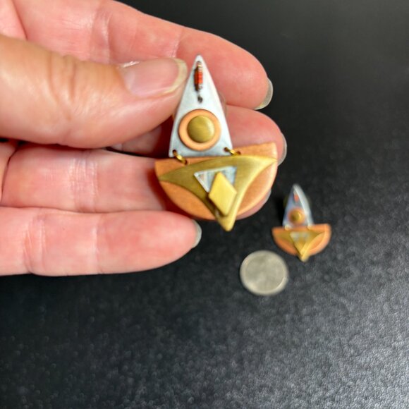 Art Deco Style Brushed Gold and Silver Earrings - Picture 3 of 4